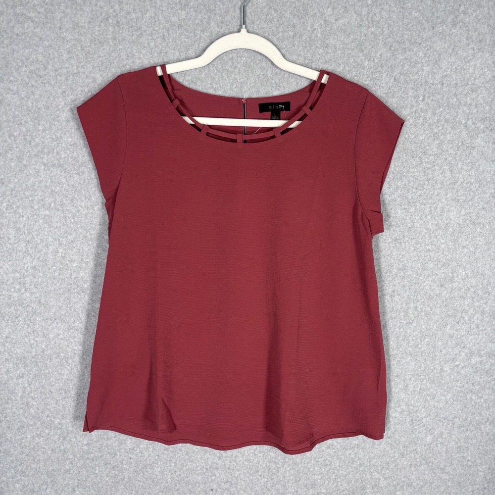 NEW Mine Blouse Large Burgundy Strappy Cage Neck Neutral Flowy DressyCareer